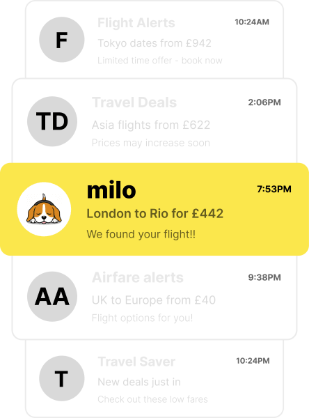 milo's alert highlighted among generic flight-deal notifications