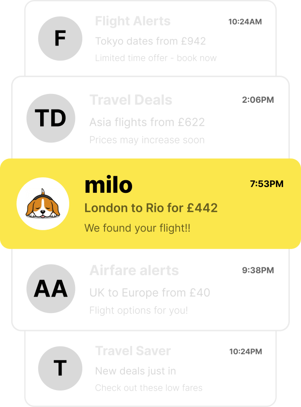 milo's alert highlighted among generic flight-deal notifications