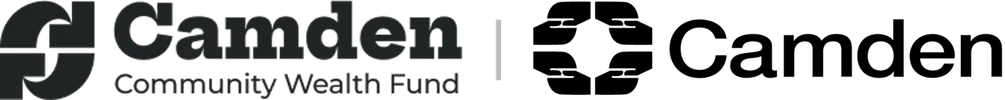 Camden community wealth fund logo to the left of the Camden Council Logo