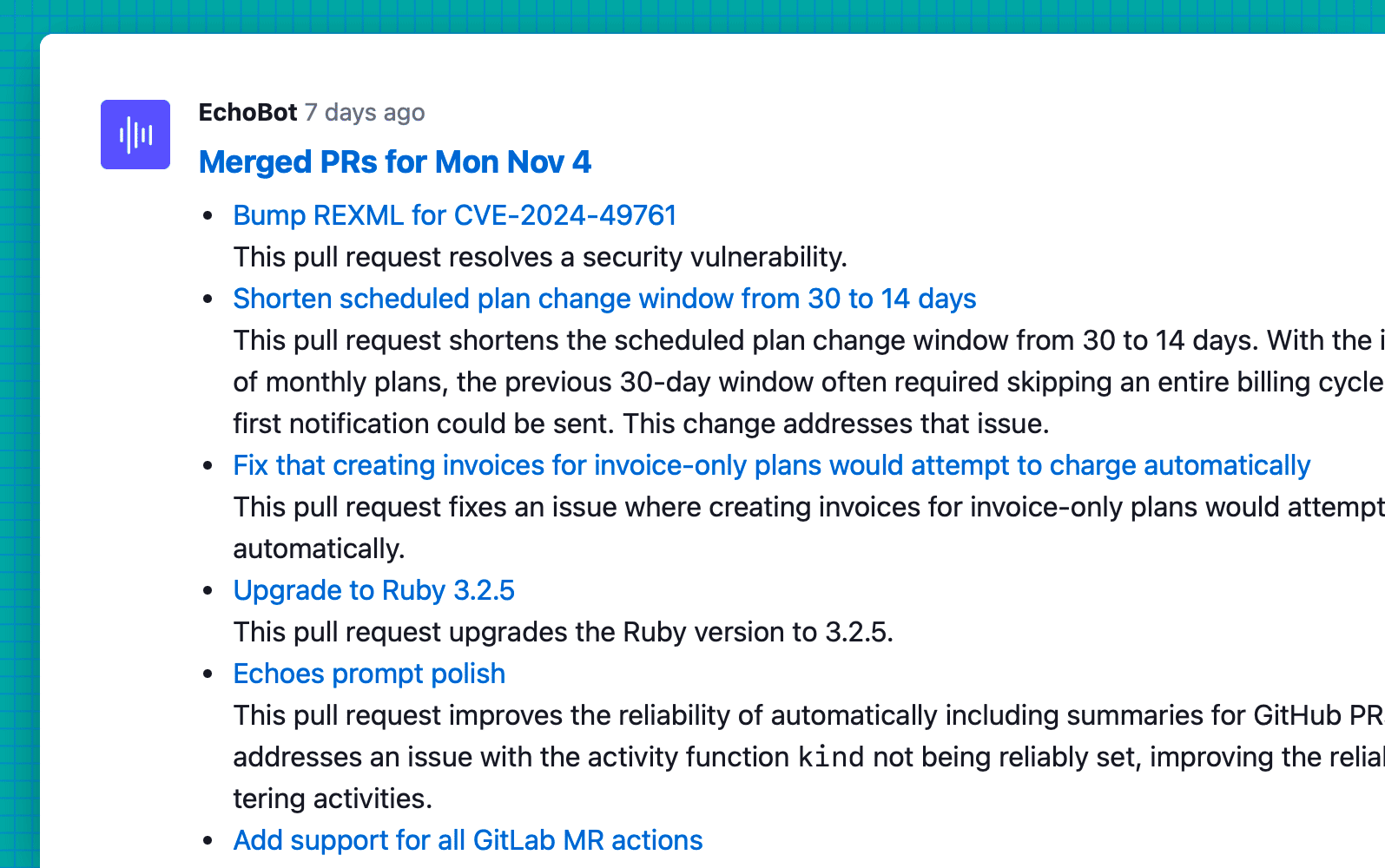 A screenshot of an Echo from Steady's own account that summarizes all the Github PRs the team shipped in a week