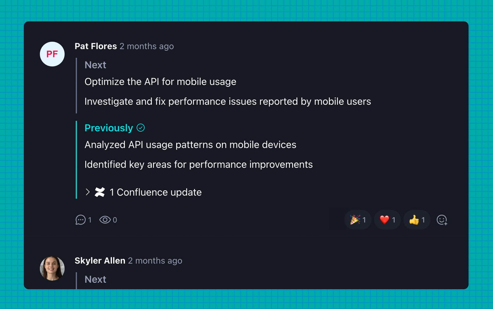 Confluence activity attached to a check-in in Steady