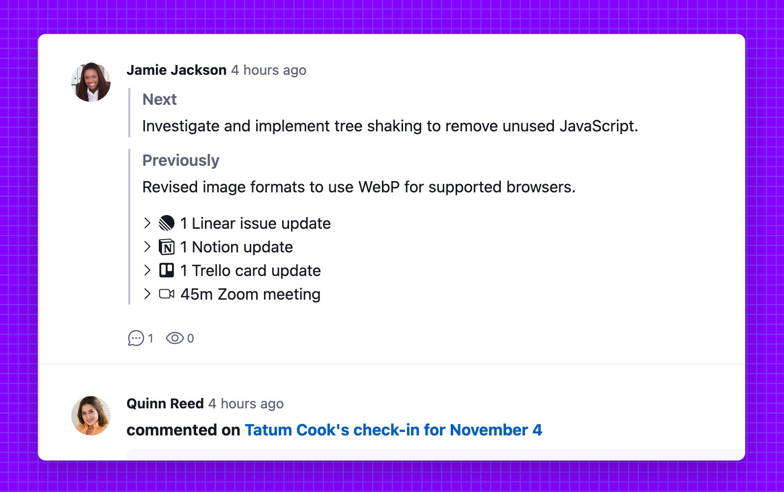 A check-in with attached activity in Steady