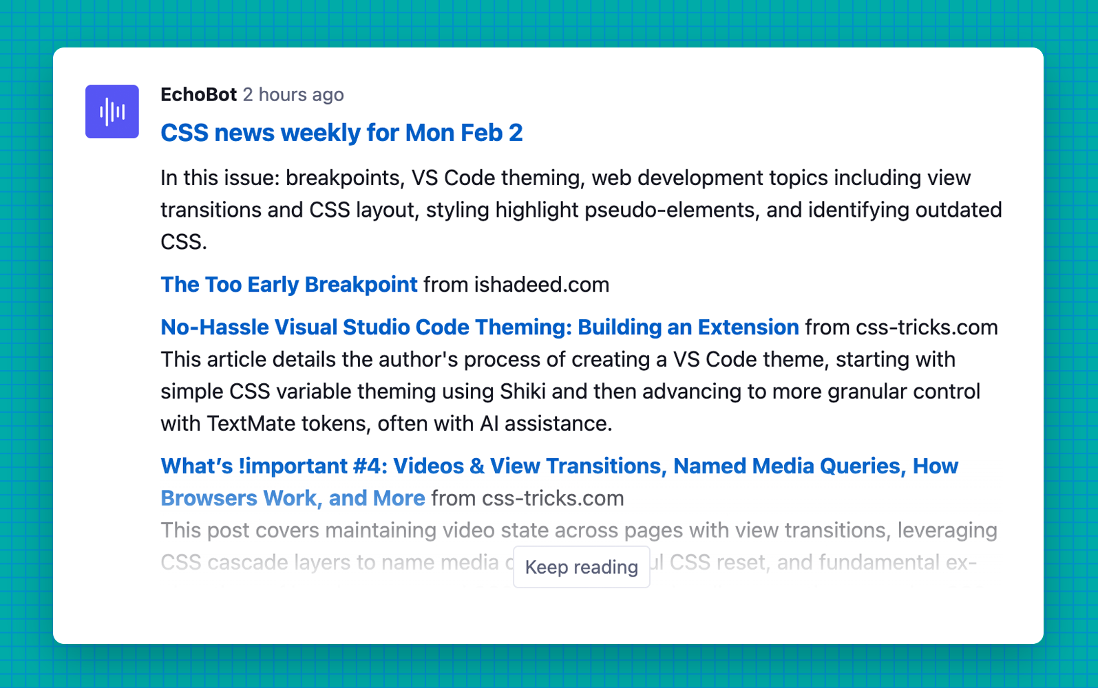 An Echo answer summarizing RSS feed entries in Steady