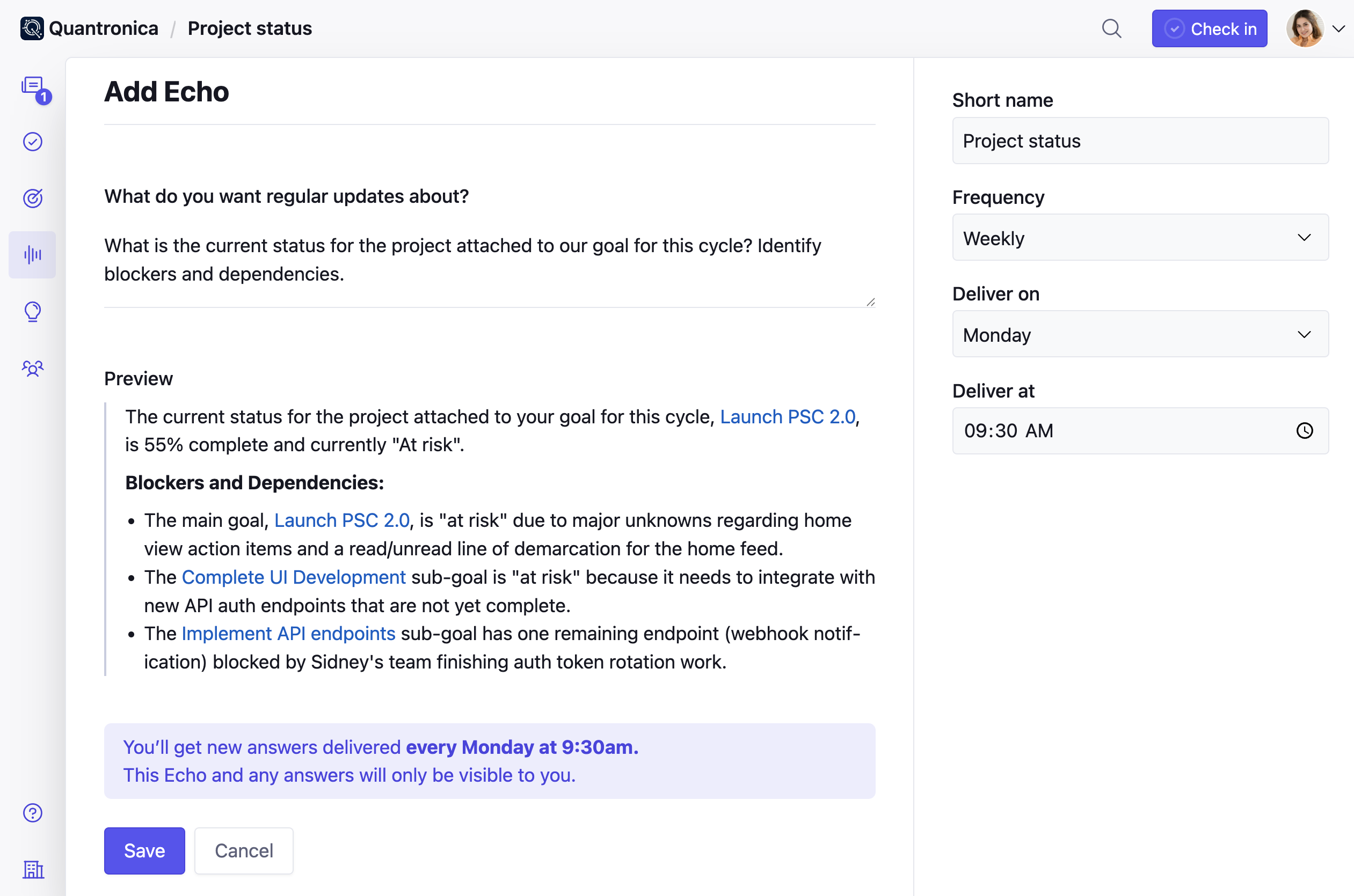 Use a prompt in Steady to preview progress updates