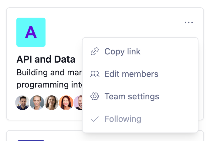 a team card with the overflow menu open