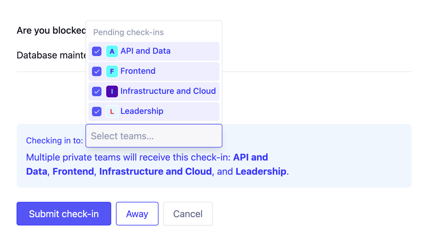 the team selection menu on the Steady check-in form