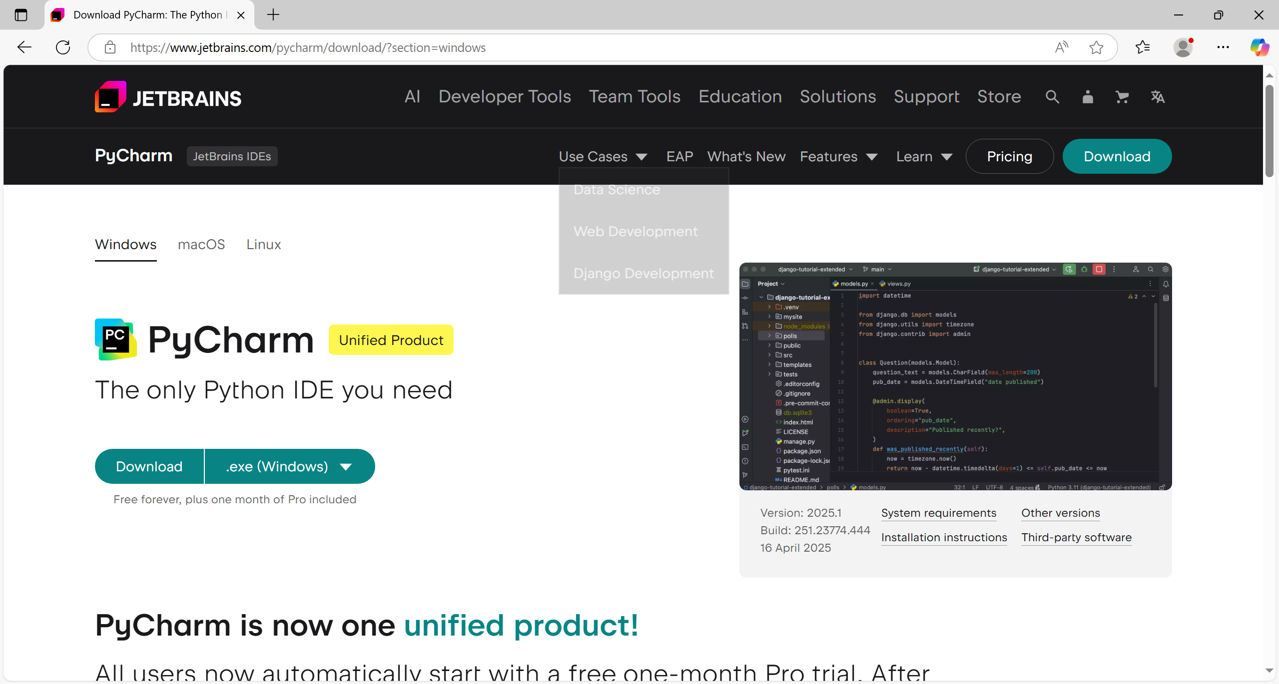 PyCharm download page