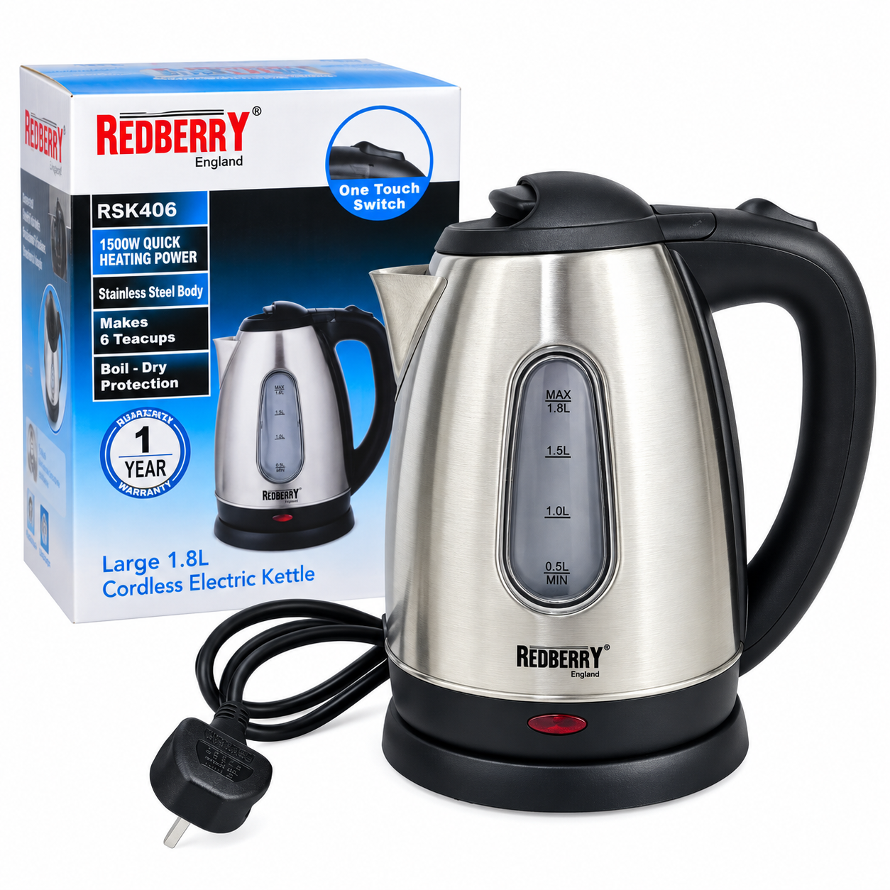 Redberry 1.8L cordless electric kettle