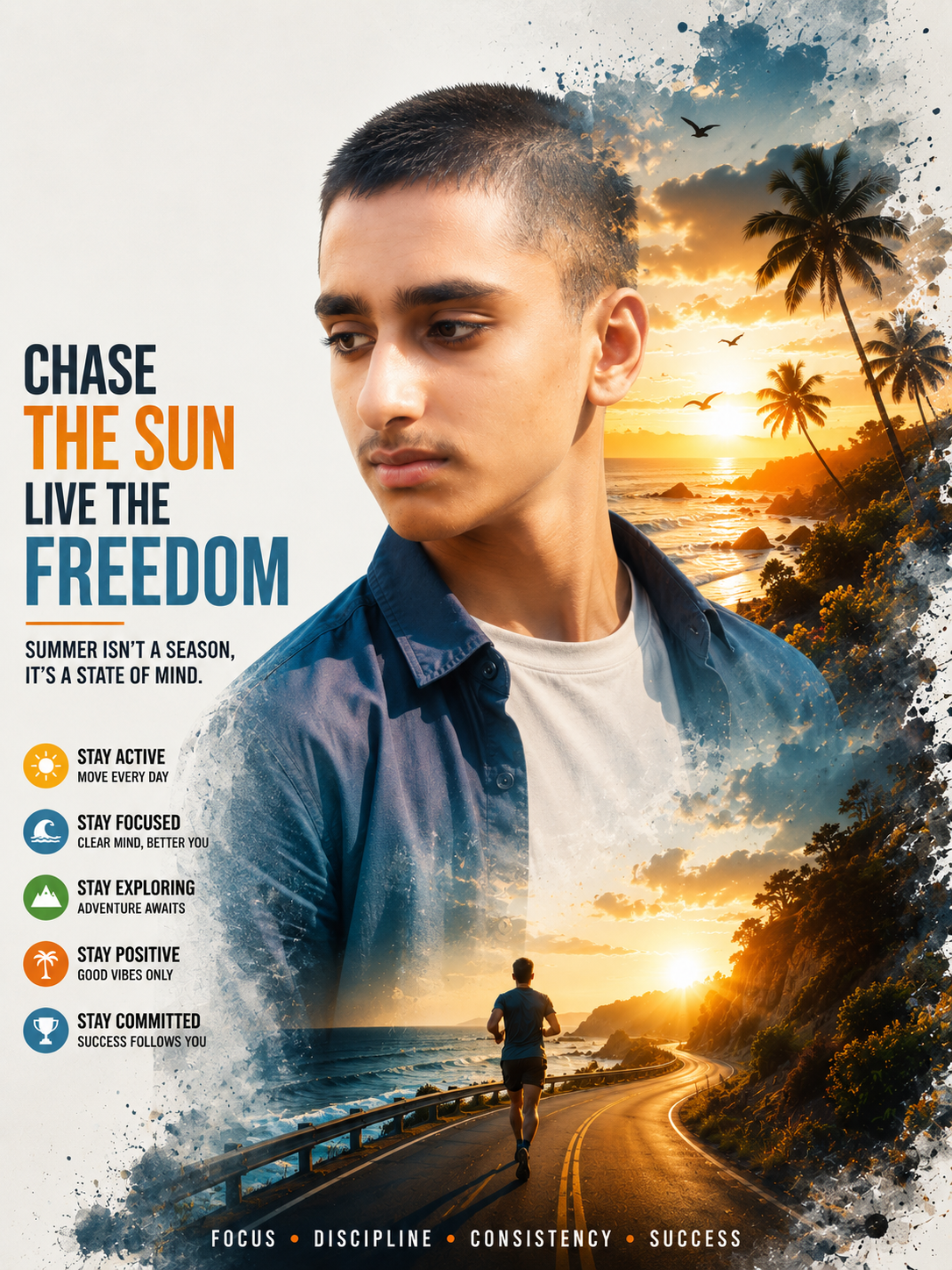 Premium Summer Double Exposure Editorial Poster — Free AI Image Prompt for Boys