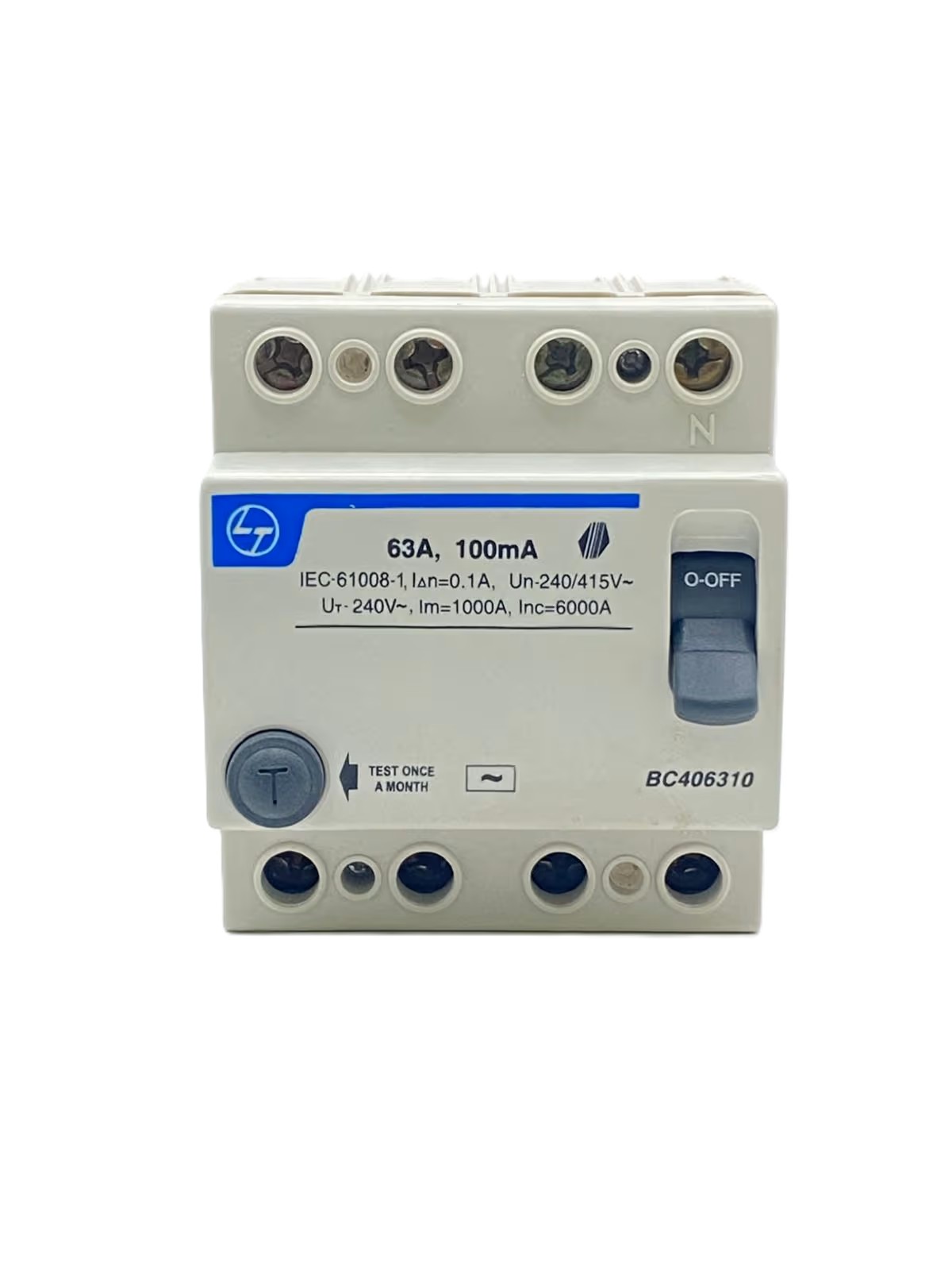 L&T Switchgear BC406310 RCCB 63A 4 Pole 4P 100mA IEC 61008-1 | Residual Current Circuit Breaker