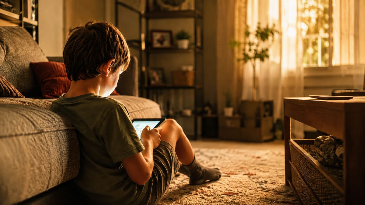 Niño interactuando con una pantalla en una habitación con iluminación tenue, ilustración sobre el cerebro infantil y las pantallas