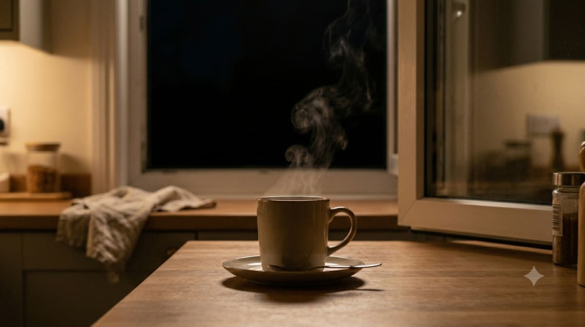 Mujer despierta de madrugada, sentada al borde de la cama en penumbra