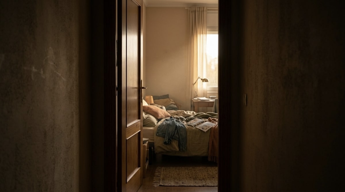Cama infantil vacía con luz de mañana entrando por la ventana