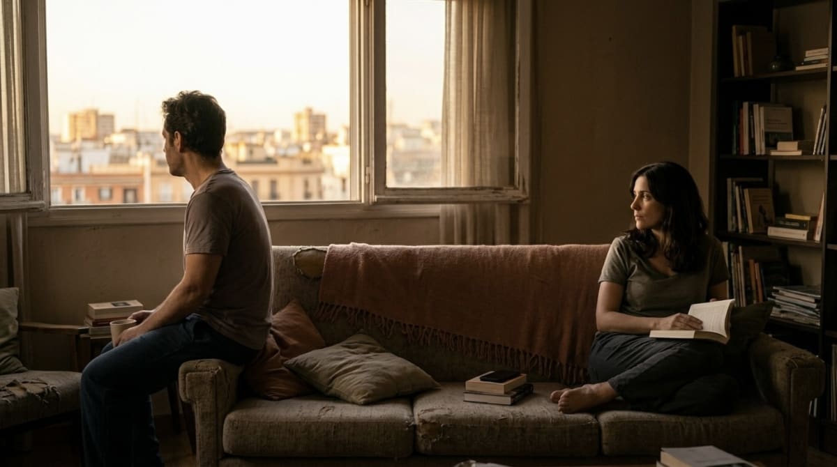 Pareja sentada en un sofá en silencio, luz cálida de interior, distancia entre ambos
