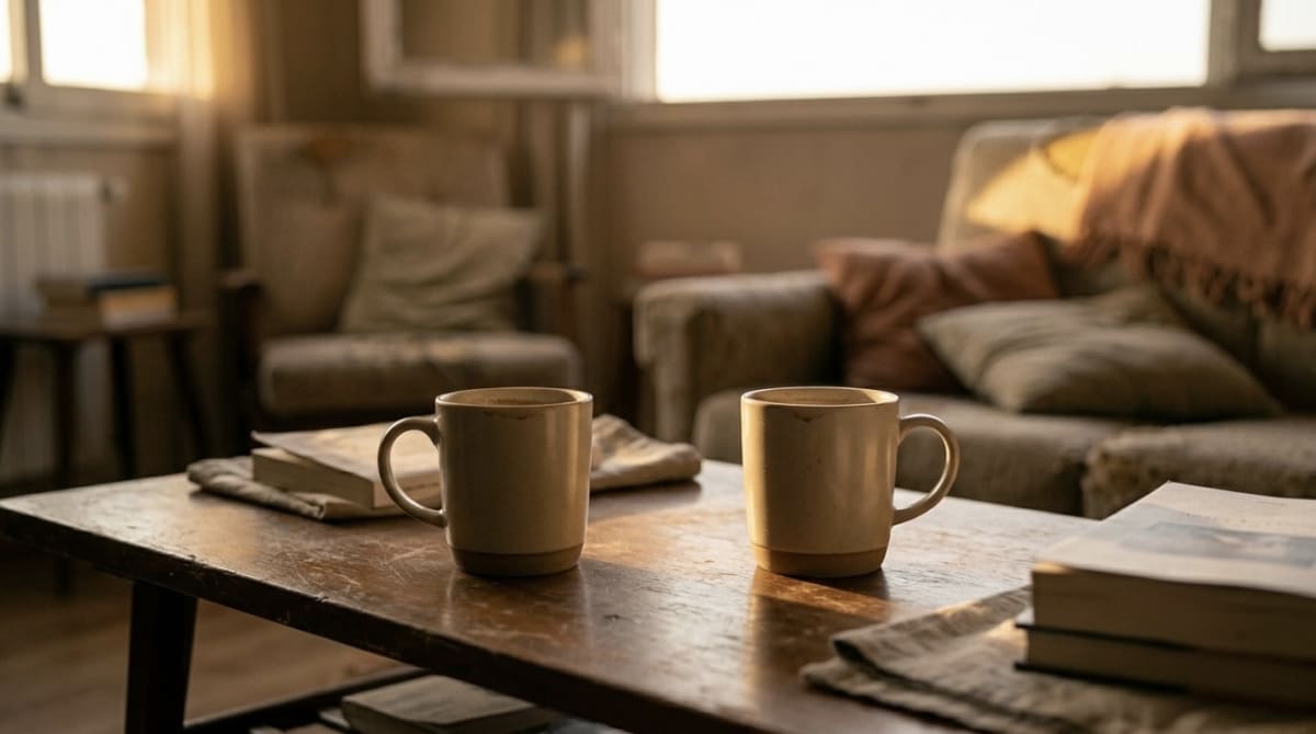 Dos tazas de café sobre una mesa de madera, una luz de ventana
