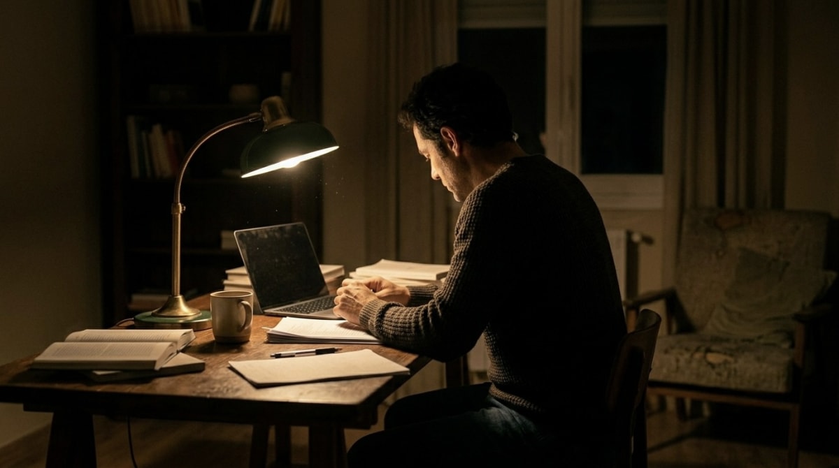 Hombre de perfil junto a una ventana de oficina al atardecer, luz cálida