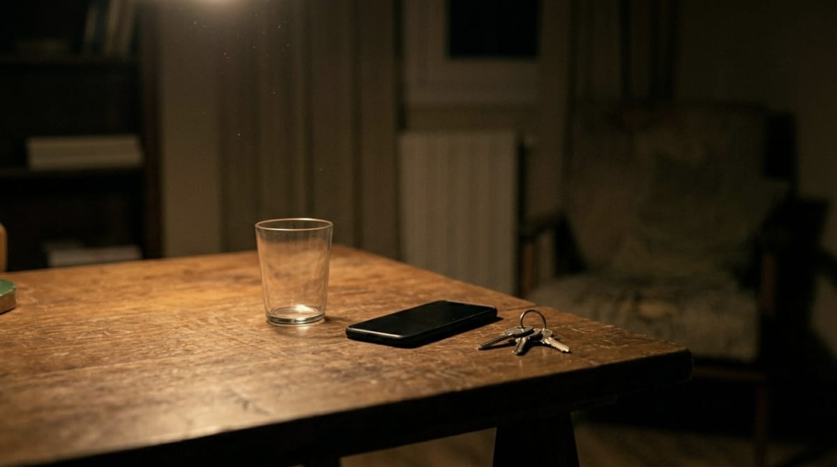 Despacho ordenado al anochecer, una luz encendida, ambiente sobrio