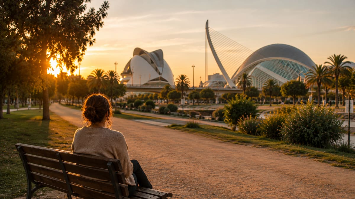 Mujer sentada en un banco mirando el cauce del Turia al atardecer, Valencia
