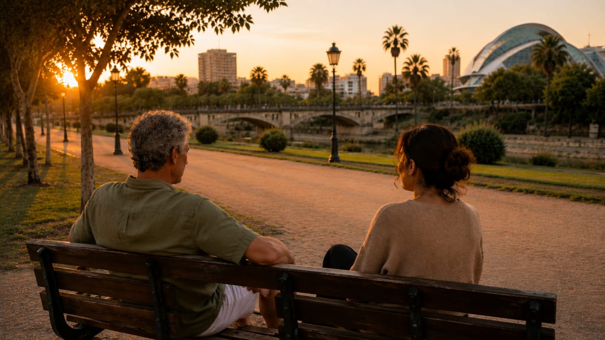 Ana y su terapeuta conversando en un banco junto al cauce del Turia al atardecer