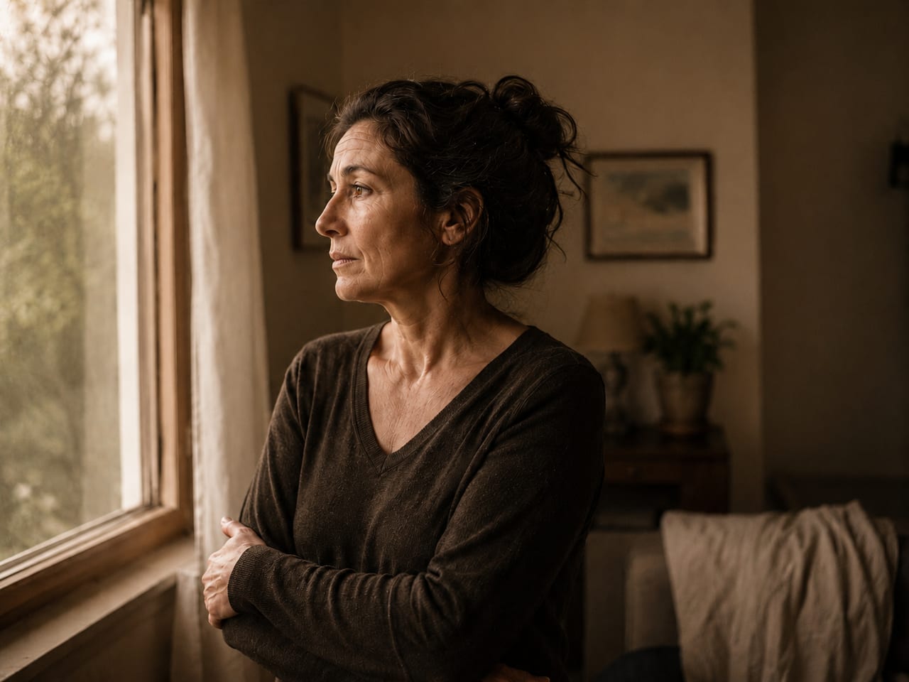 Padre o madre mirando por la ventana, preocupación, silencio familiar