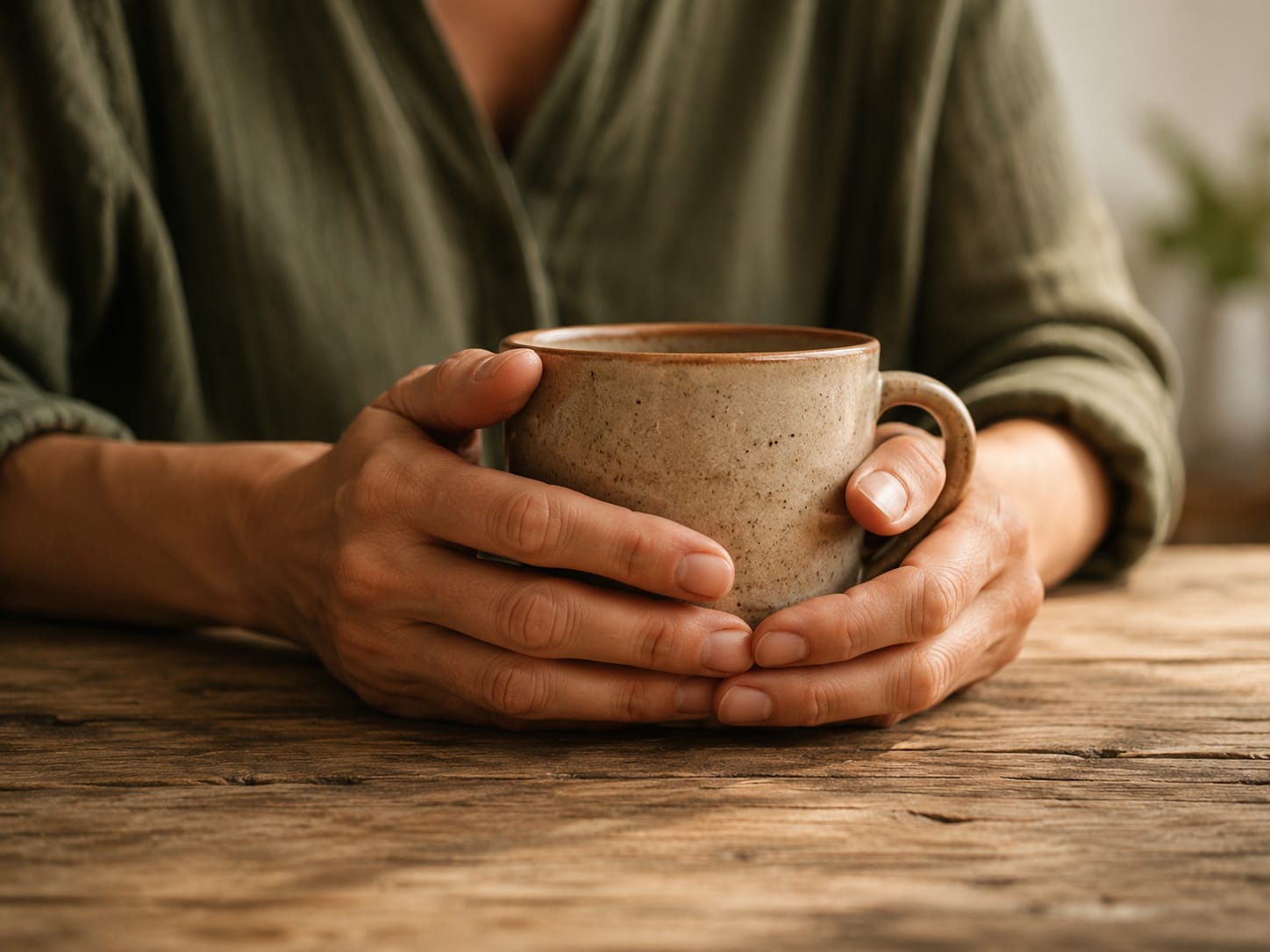 Manos alrededor de una taza, luz suave y sensación de volver al cuerpo