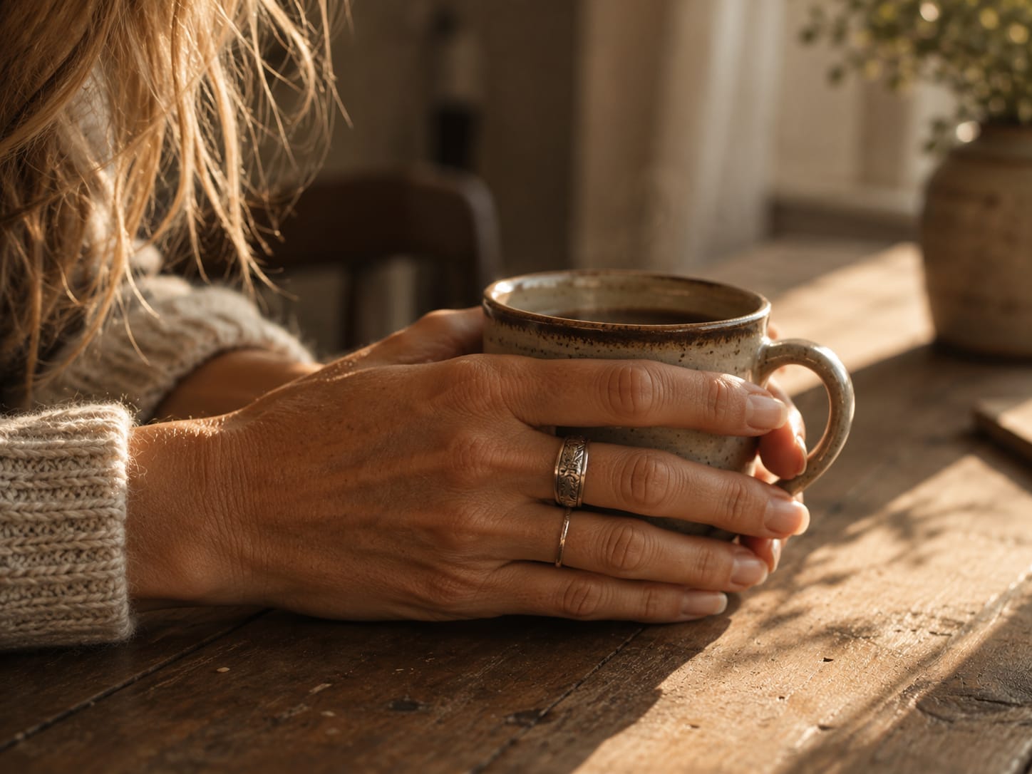 Manos sosteniendo una taza de café en silencio, mesa de madera, luz natural