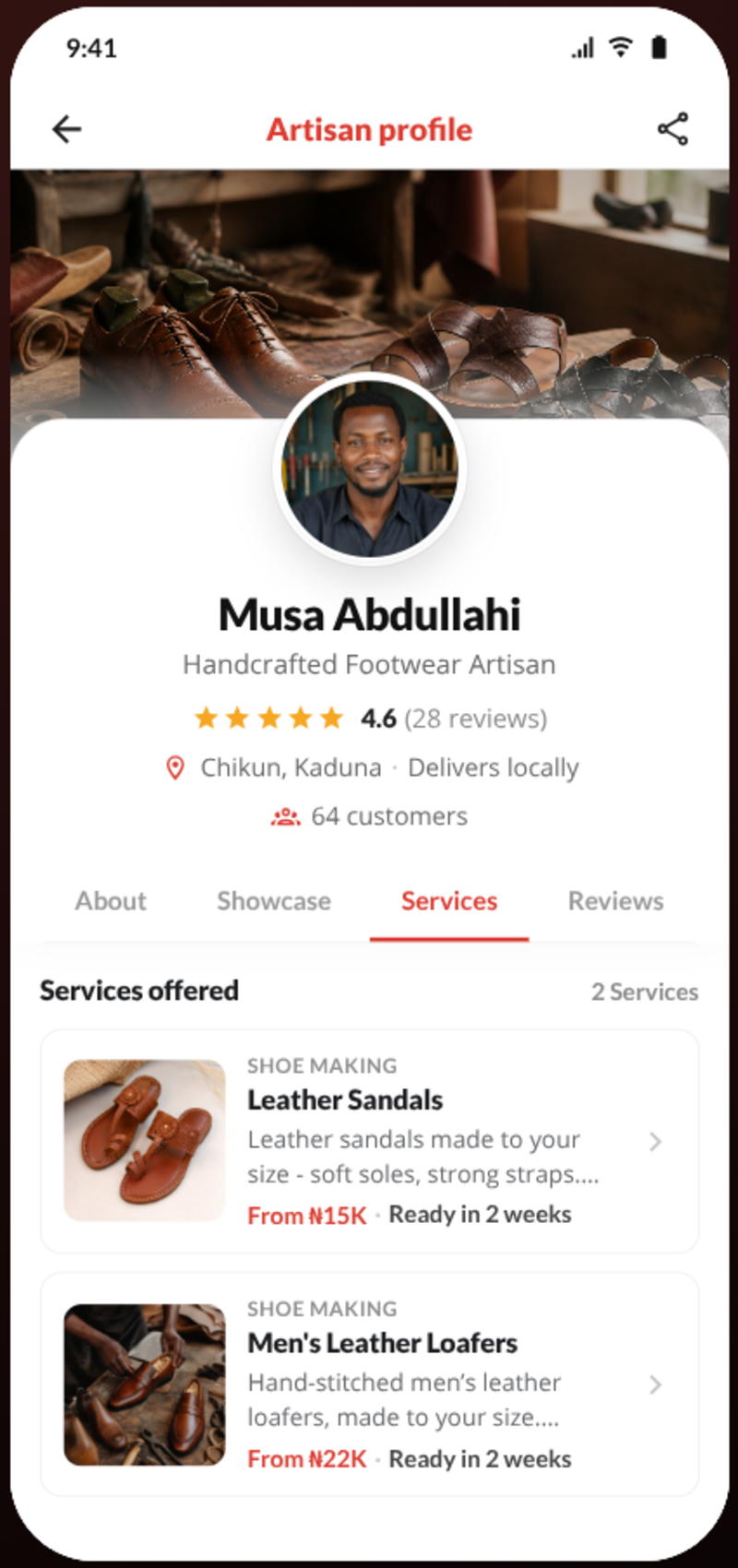 Artisan profile — tap Leather Sandals