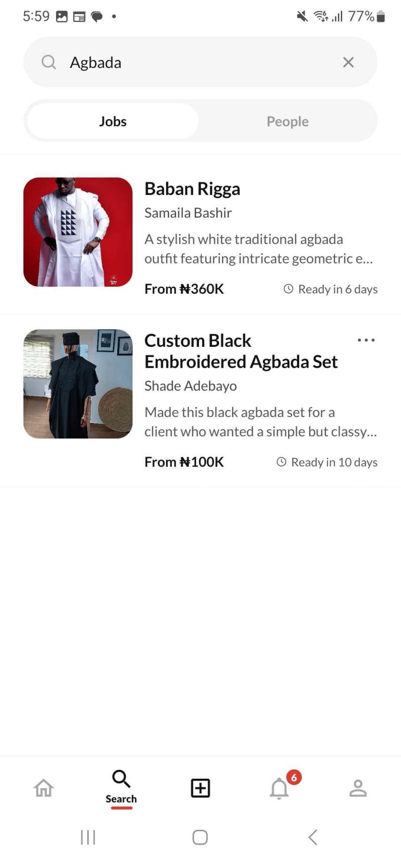 Search results — tap Custom Black Embroidered Agbada Set