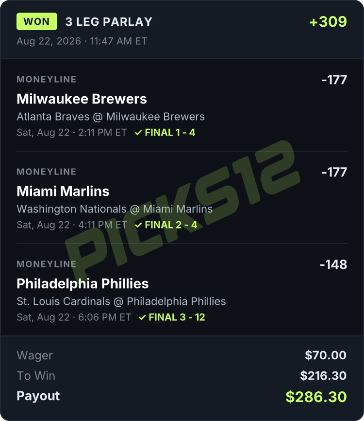 Picks12 winning parlay ticket from yesterday