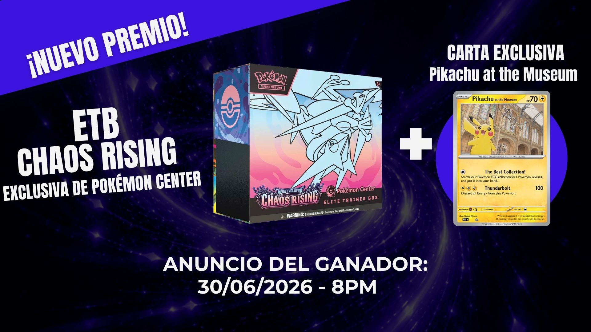 ETB CHAOS RISING POKÉMON CENTER + CARTA EXCLUSIVA PIKACHU AT THE MUSEUM
