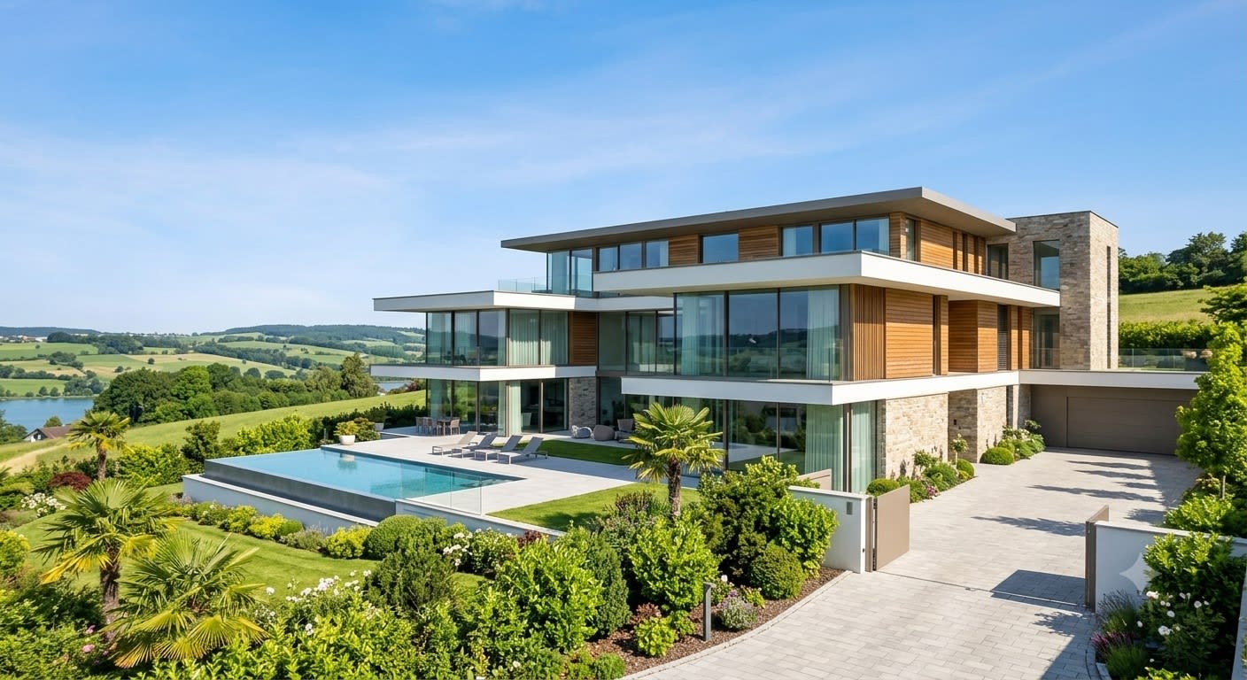 A contemporary home with a garden and illuminated living spaces