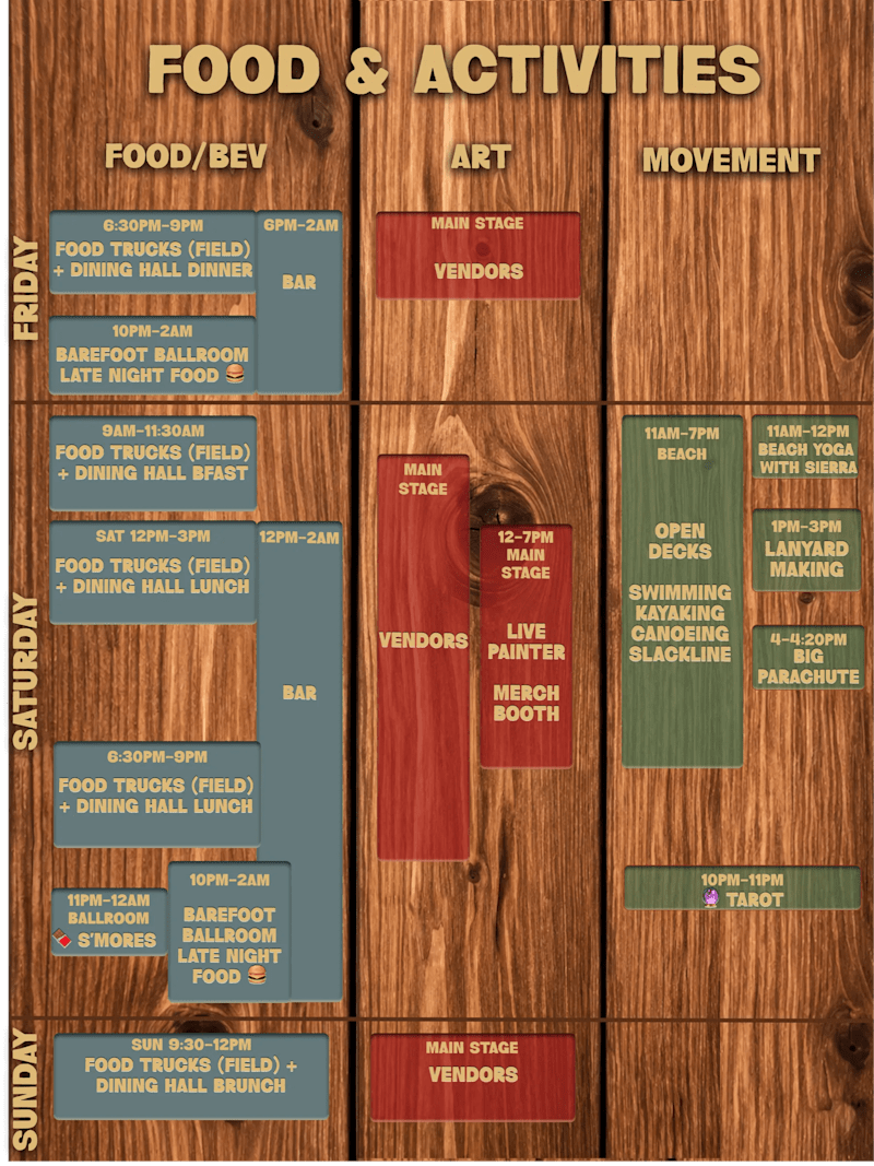 Food & Activities schedule — food and beverage, art, and movement across Friday, Saturday, and Sunday