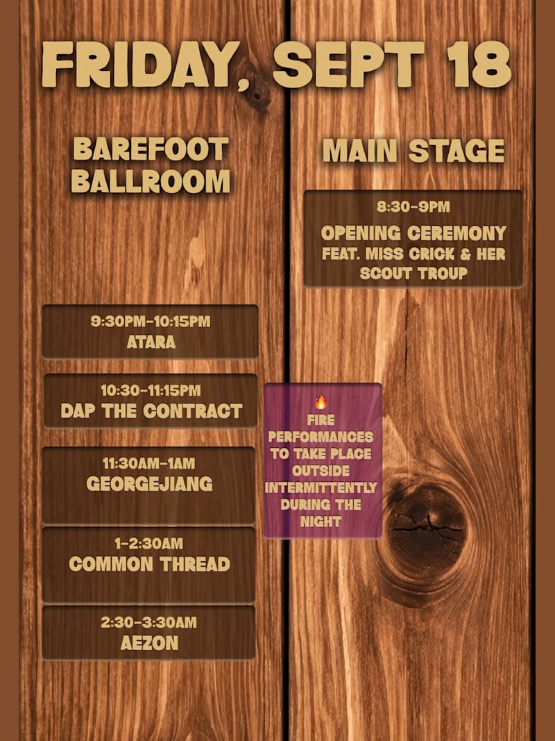 Friday, Sept 18 schedule — Barefoot Ballroom and Main Stage set times