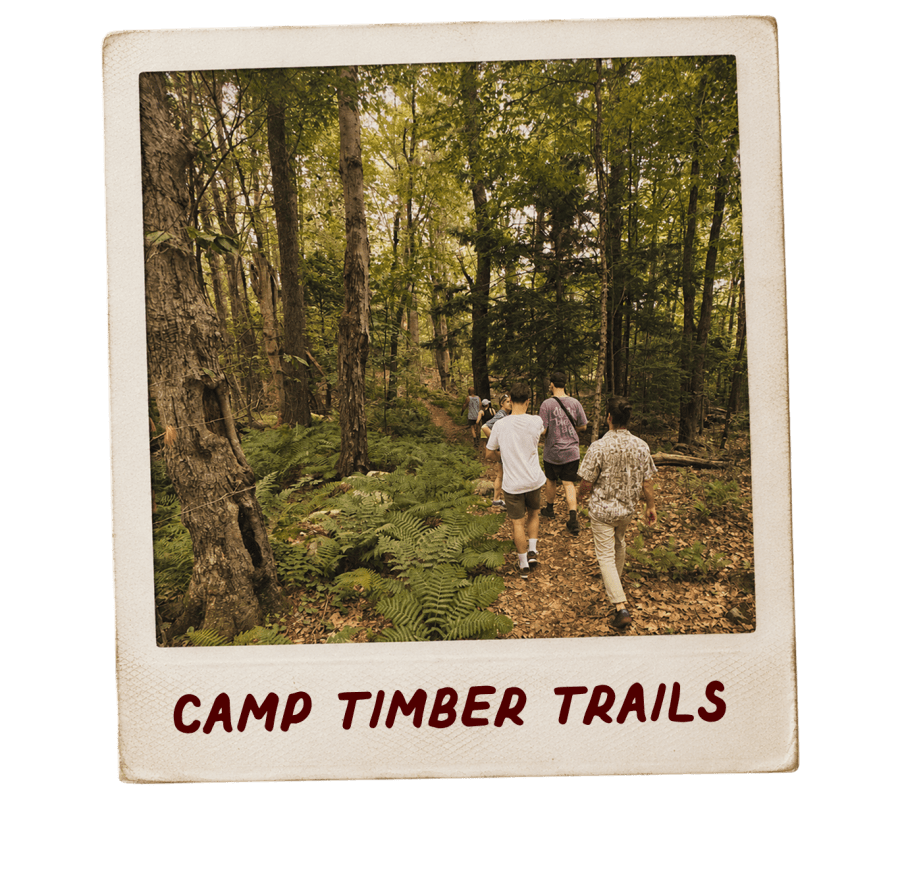 Onset campers hiking a forest trail together