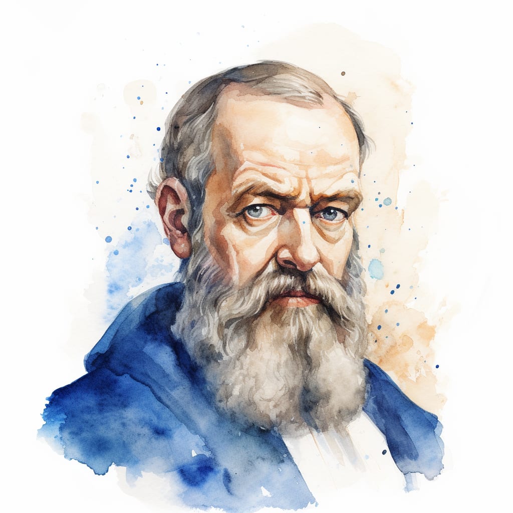 Water color portrait of Galileo Galilei.