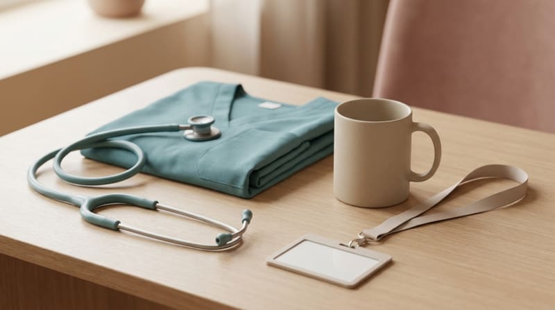 Teal scrubs, stethoscope and a blank lanyard on a desk, representing planning Australian nursing registration costs