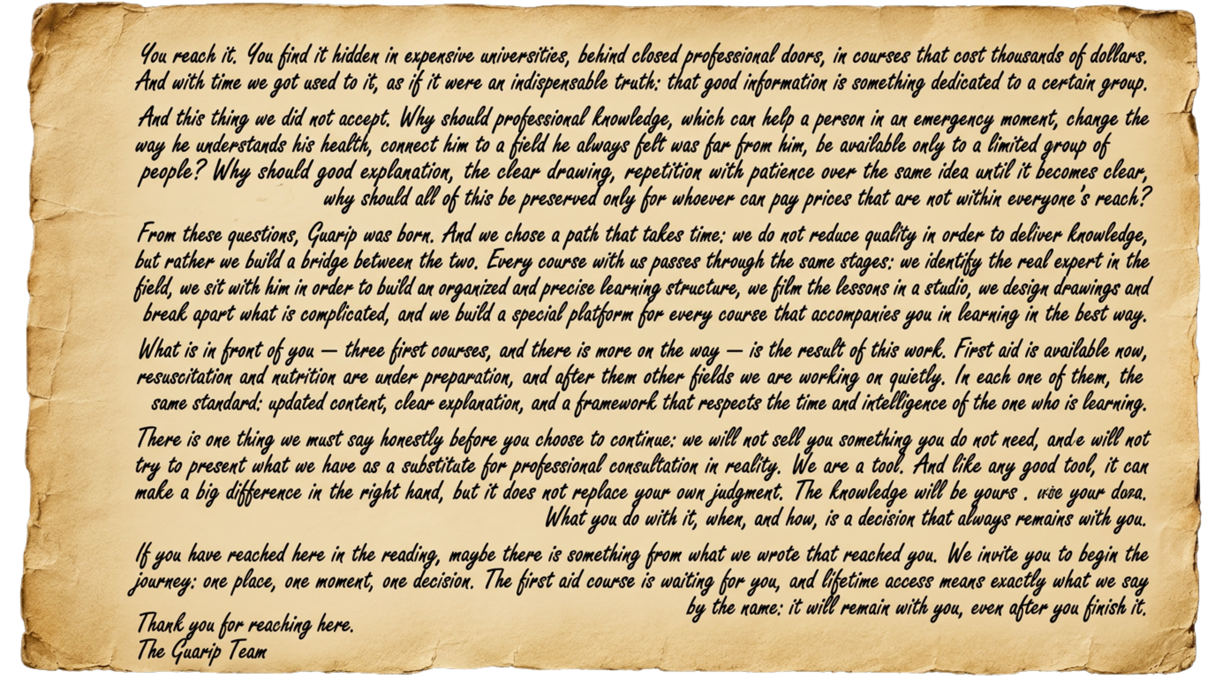 An open handwritten letter from the Guarip team on aged paper
