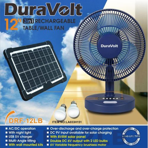 Duravolt 12 inches Rechargeable Fan Lithium Battery AC/DC+Solar Panel+LED bulbs DRF-12LB 3in1 image 1