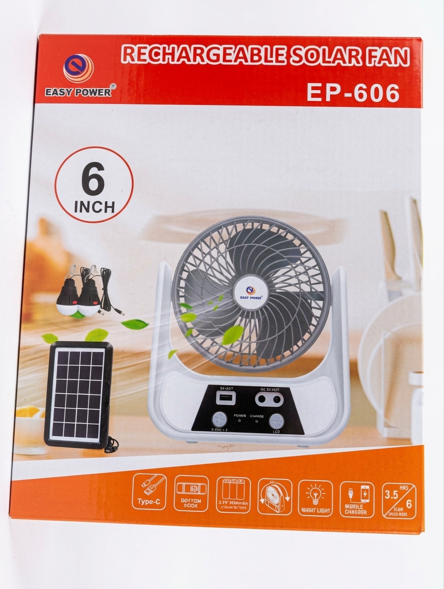 Easy Power EP-606 Multifunctional 6-Inch Rechargeable Solar Fan, Lighting & Power Bank System image 1