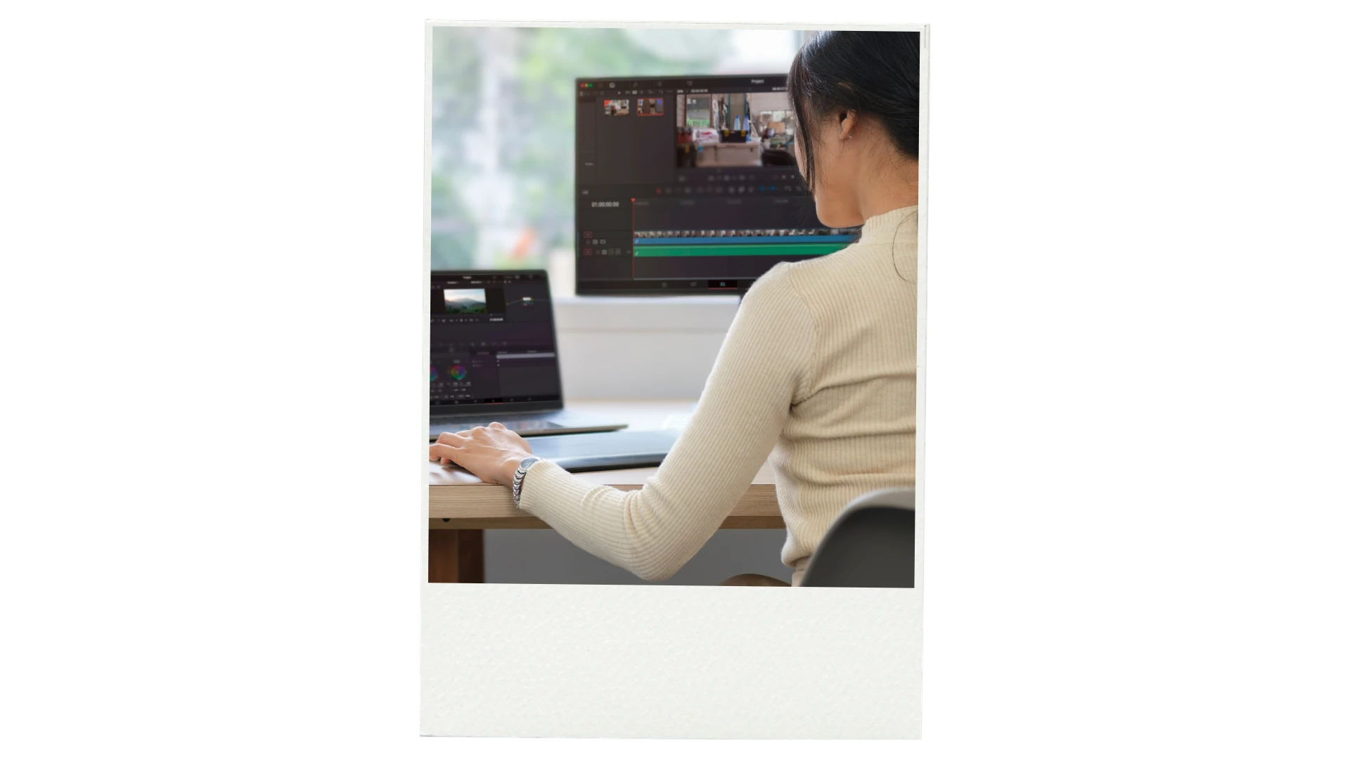 Creative Kubo team member editing video footage at a dual-monitor workstation