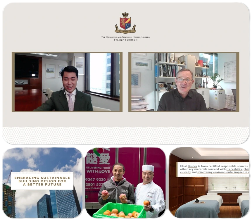Content grid for The Hongkong and Shanghai Hotels, Limited: a two-person video call between a man in an office and a man in a home office under the company crest, a building exterior captioned 'Embracing Sustainable Building Design for a Better Future,' two people holding fresh produce beside a crate under a 'Delivering Food With Love' banner, and a hotel spa room with a caption about responsibly-sourced timber.