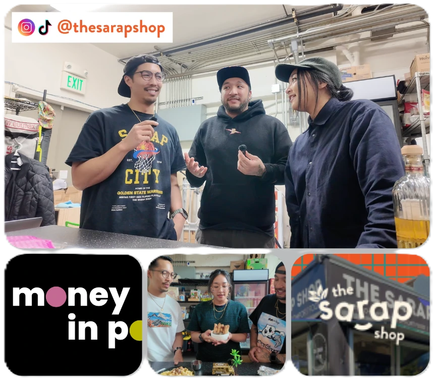 Instagram content grid for The Sarap Shop: three people laughing together behind a counter under the handle '@thesarapshop,' a black 'Money in Pocket' podcast graphic, three people preparing food together with one holding a bowl of food, and the shop's storefront signage reading 'the sarap shop.'