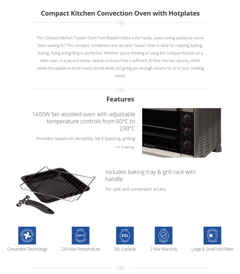 Russell Hobbs Compact Kitchen Toaster Oven infographic