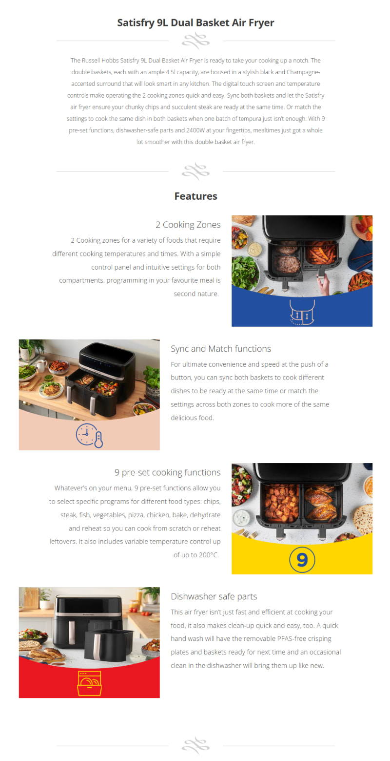 Russell Hobbs Satisfry 9L Dual Basket Air Fryer infographic