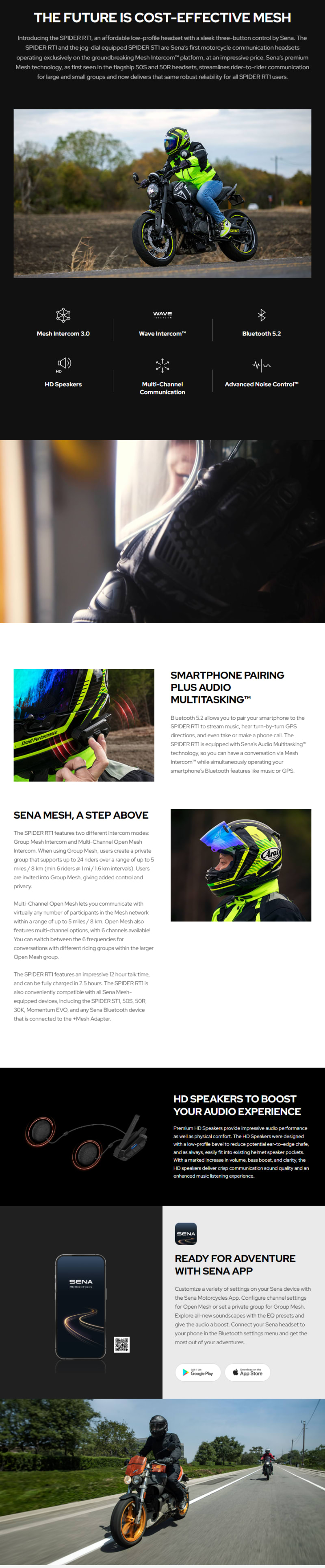 Sena SPIDER RT1 Mesh Communication Headset - Single Pack infographic