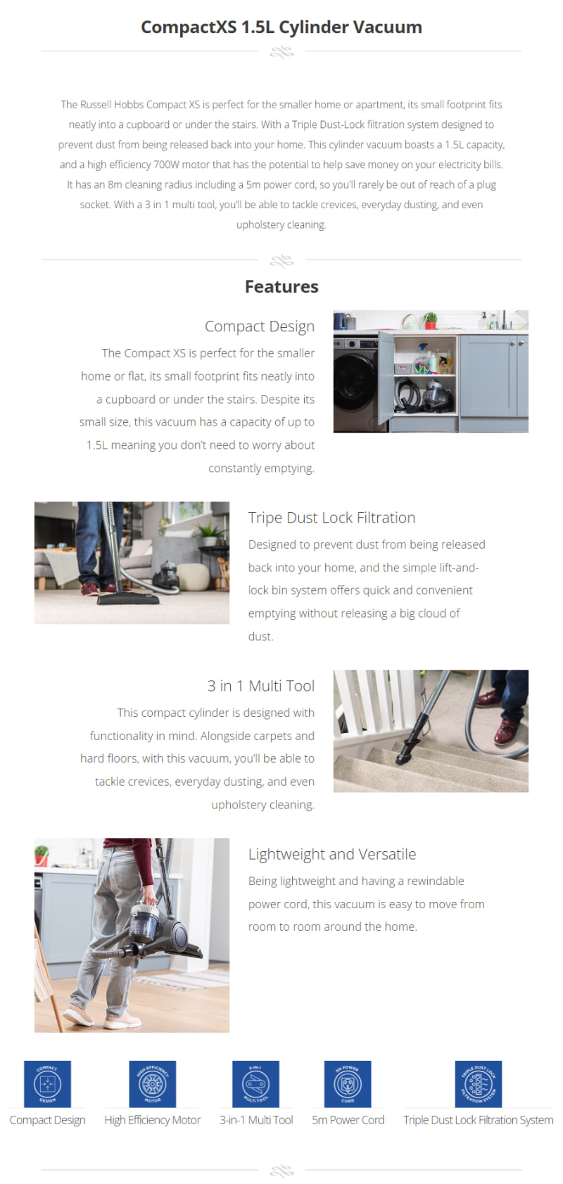 Russell Hobbs Cylinder Vacuum Cleaner Compact XS 1.5L infographic
