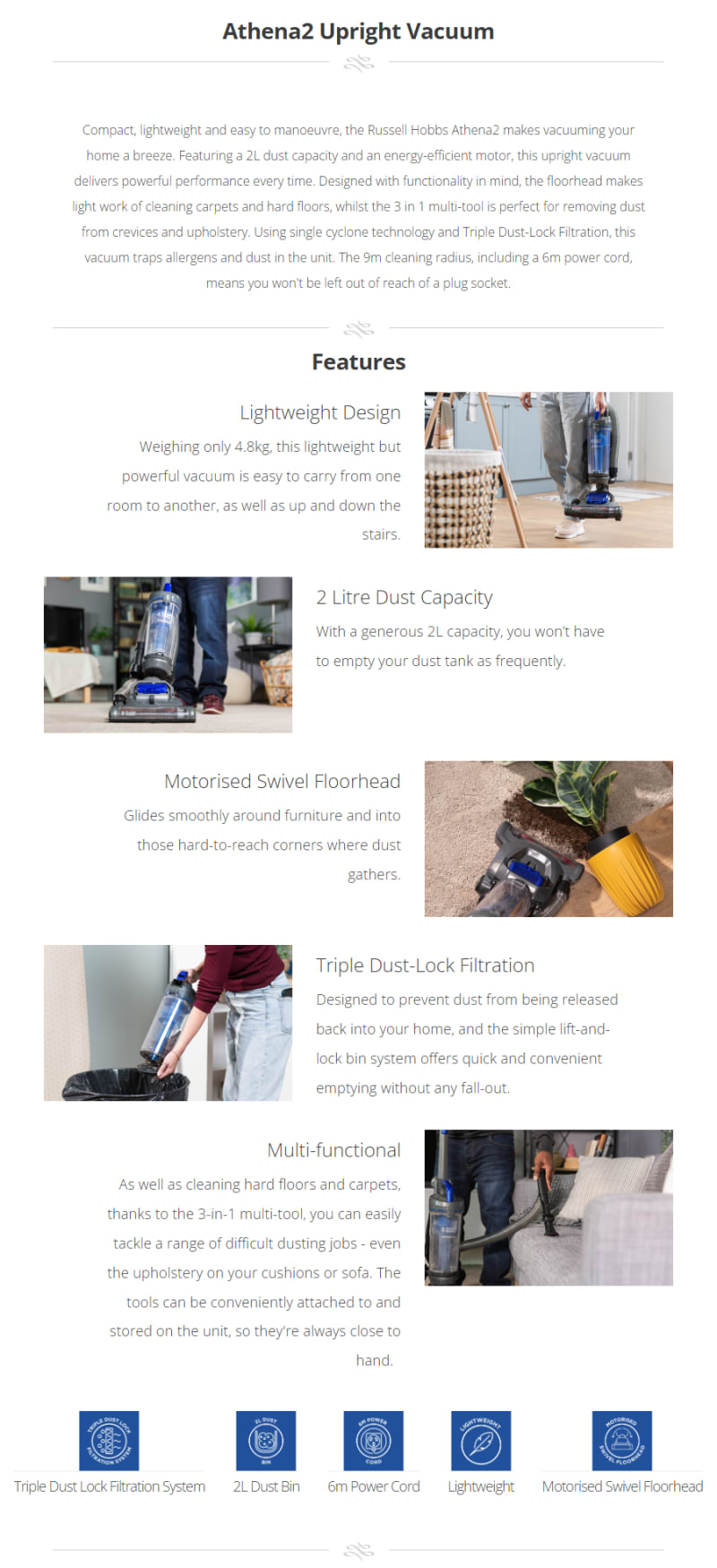 Russell Hobbs Athena2 Upright Vacuum infographic