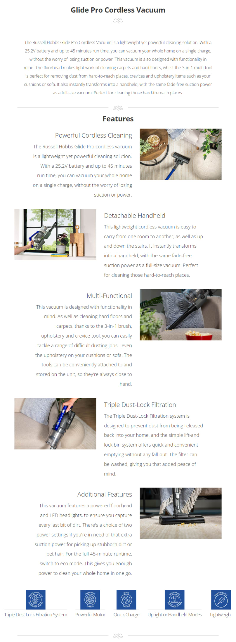 Russell Hobbs Glide Pro Cordless Vacuum infographic