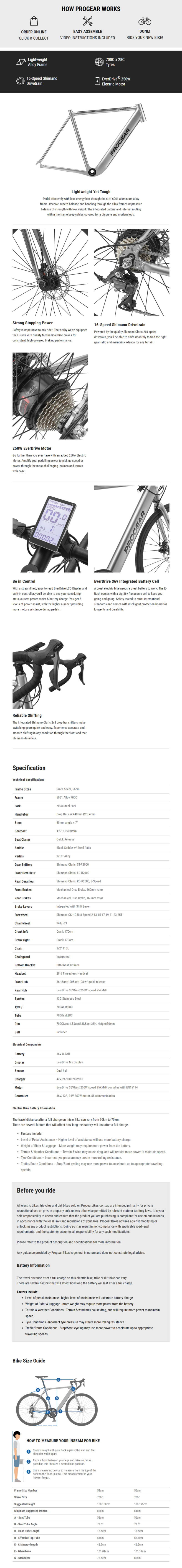 Progear E-Rush Electric Road Bike Graphite Grey 53cm infographic