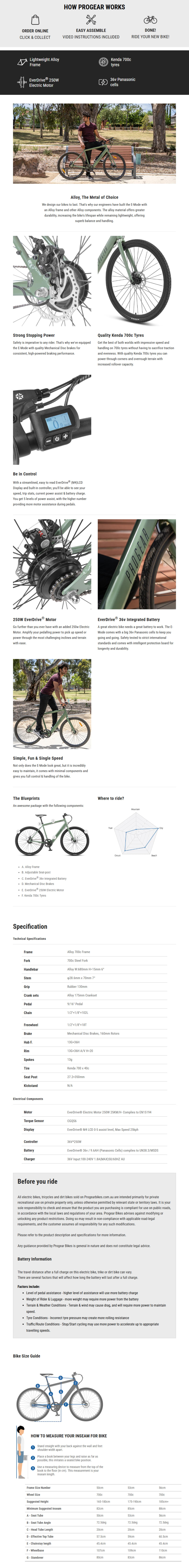 Progear E-Mode Flatbar Electric Road Bike Army Green 56cm infographic